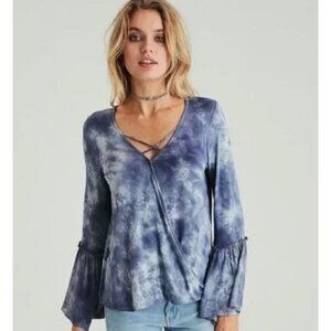 American Eagle Soft & Sexy Blue Faux Wrap Tie Dye Bell Sleeve Top Sz L